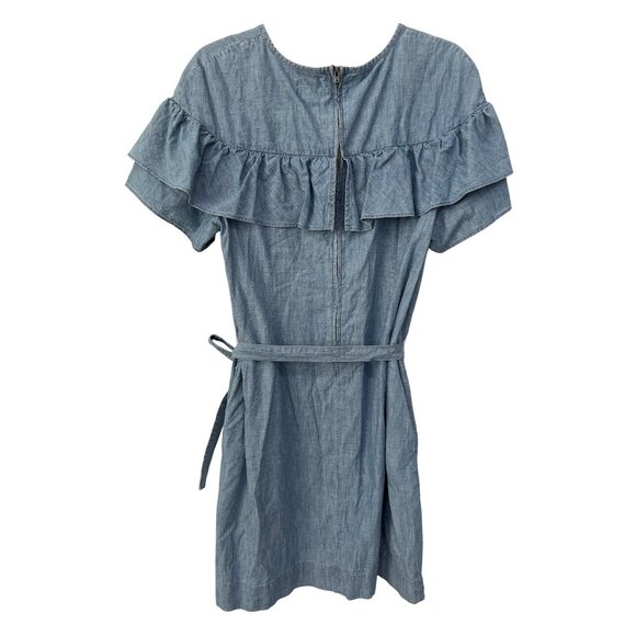 J Crew Chambray Dress Size 12 Ruffle Short Sleeve Tie Waist Blue Cotton Modern - Picture 3 of 11